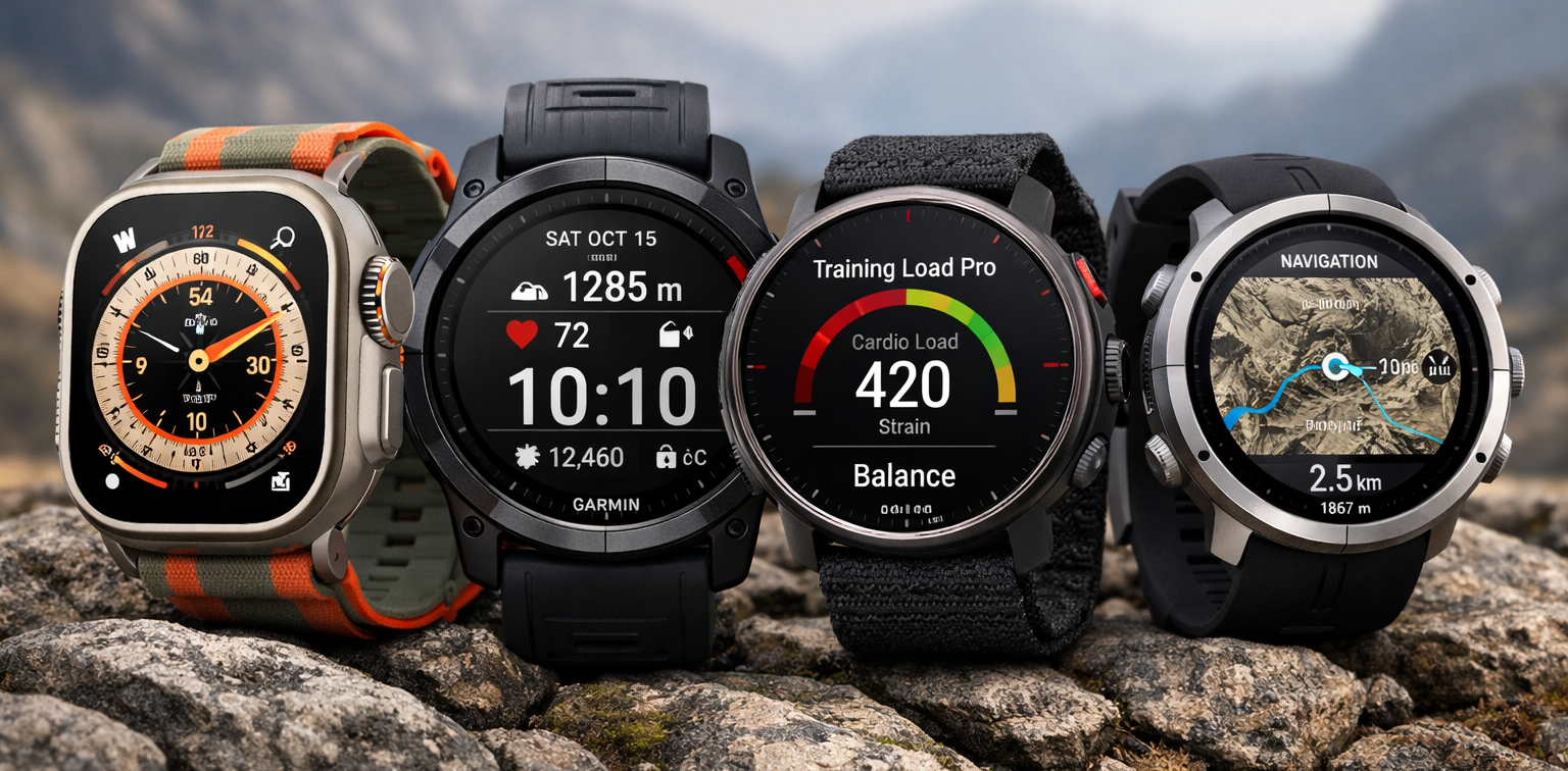 Geriausi 2026 metų išmanieji sportiniai laikrodžiai Garmin Fenix ir Apple Watch Ultra palyginimas